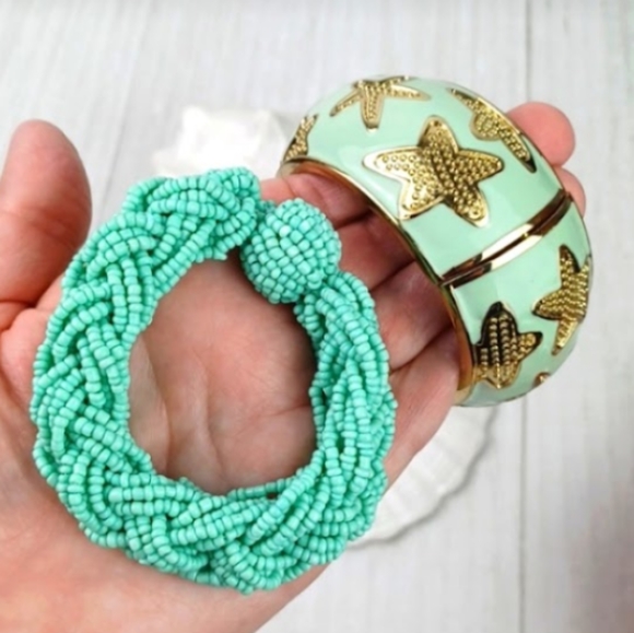 Multi Strand Braided Bead Stretch Gold Tone Starfish Graphic Bangle Duo - Picture 9 of 12